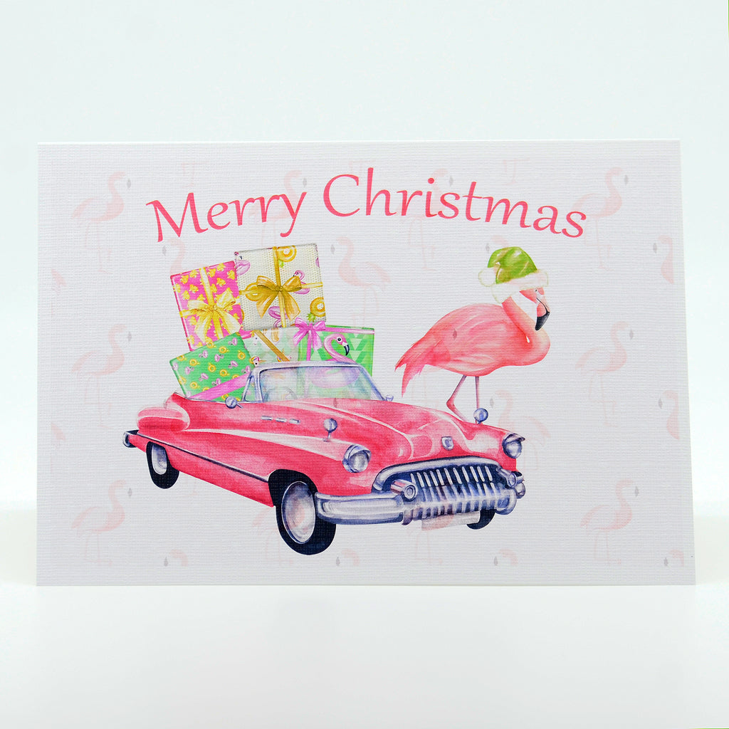 5"x7" Notecard with Santa Flamingo and Pink Car -Merry Christmas