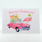 5"x7" Notecard with Santa Flamingo and Pink Car -Merry Christmas