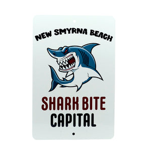 8"x12" aluminum street sign with artwork of Shark and words New Smyrna Beach-Shark Bite Capital