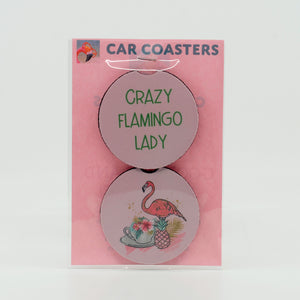 Crazy Flamingo Lady Rubber Car Coasters (set of 2)