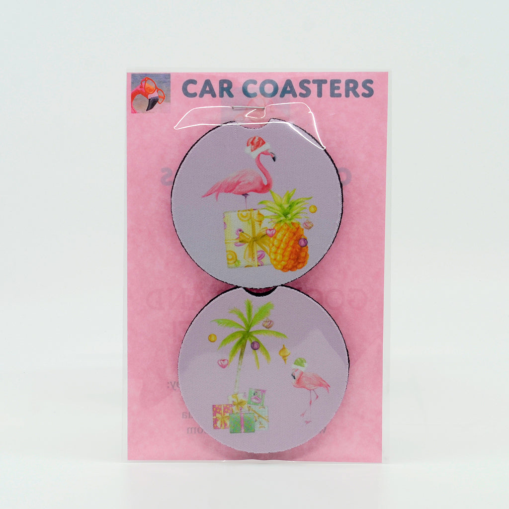 Flamingo Christmas Rubber car coasters (set of 2)