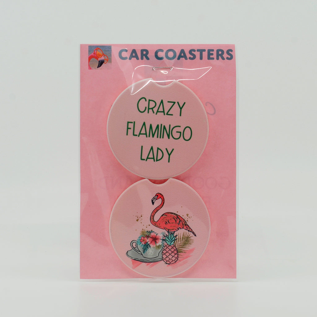 Crazy Flamingo Lady Sandstone Car Coaster (set of 2)