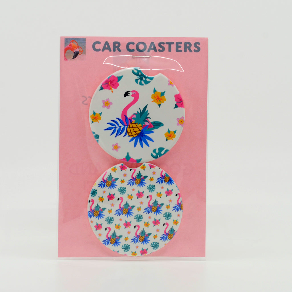 Flamingo Pineapple Sandstone Car Coasters (set of 2)