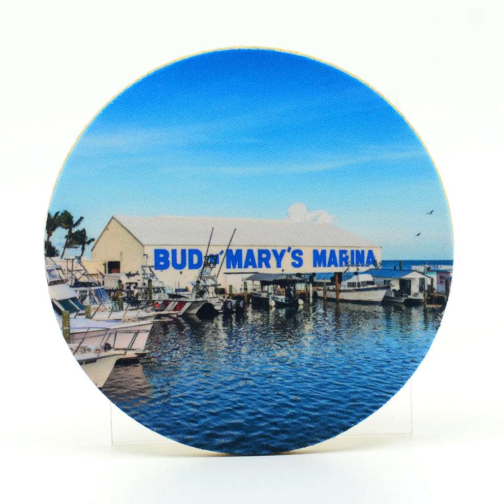 Bud N' Mary's Marina Photograph on a 4" Rubber Home Coaster