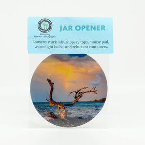 Image of Driftwood Tree with Rainbow in Sky on a 5" Rubber Jar Opener