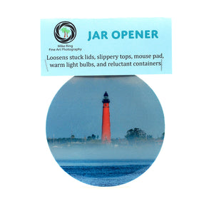 Ponce Inlet Lighthouse in the fog on a 5" rubber bottle opener