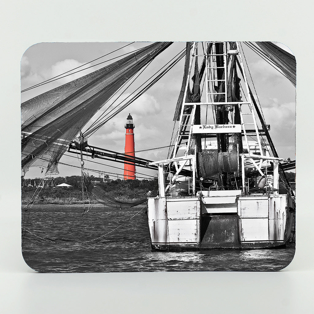 Ponce Inlet Lighthouse with shrimp boat Lady Barbara photograph on a rectangle rubber mouse pad