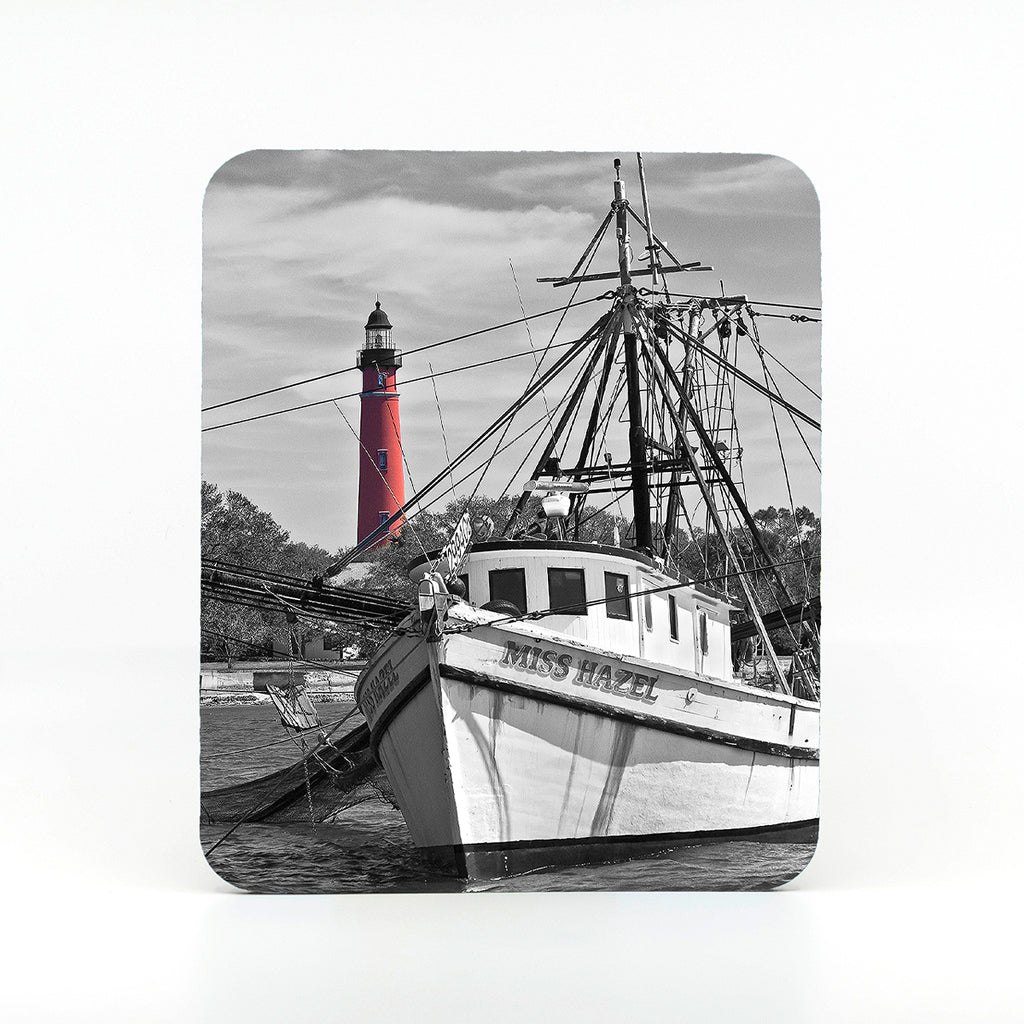 Ponce Inlet Lighthouse with shrimp boat Miss Hazel photograph on a rectangle rubber mouse pad