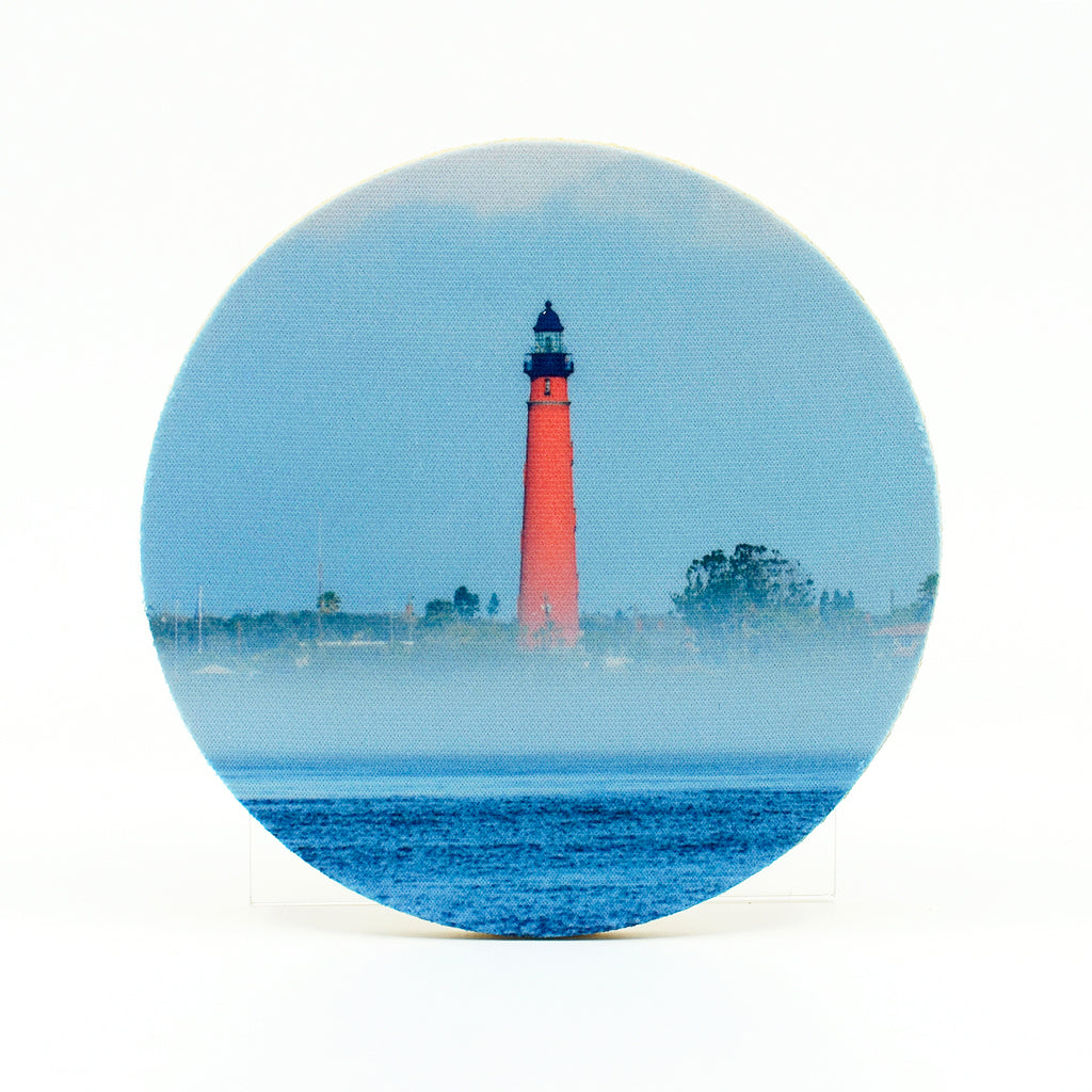 4" Round Rubber Home Coaster with image of Ponce Inlet Lighthouse in the fog