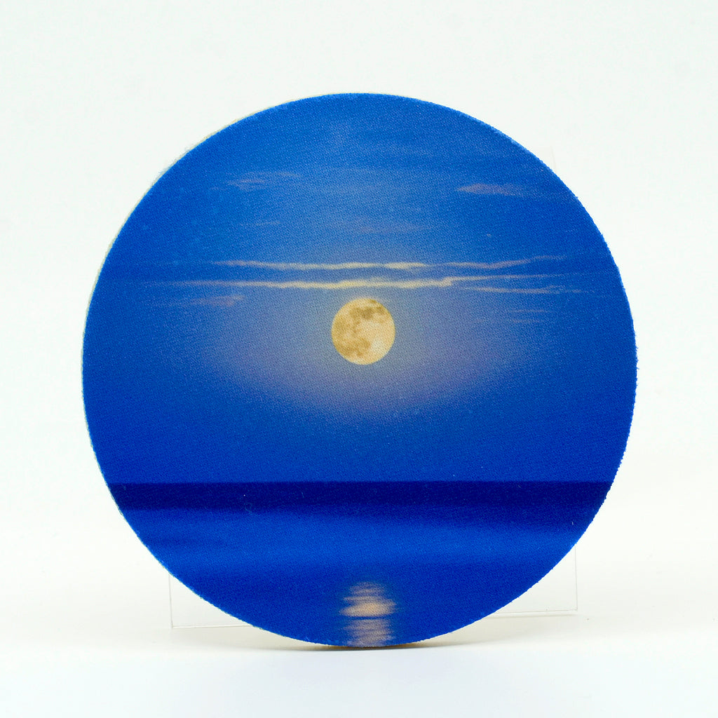 4" Round Rubber Home Coaster with image of Super Moon rising over the ocean