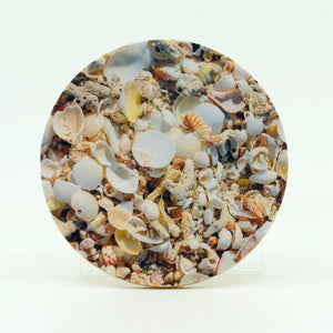 4" Round Rubber Home Coaster with image of Shells on the Beach