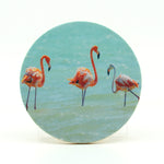 three flamingos photograph on a 4" round rubber home coasters