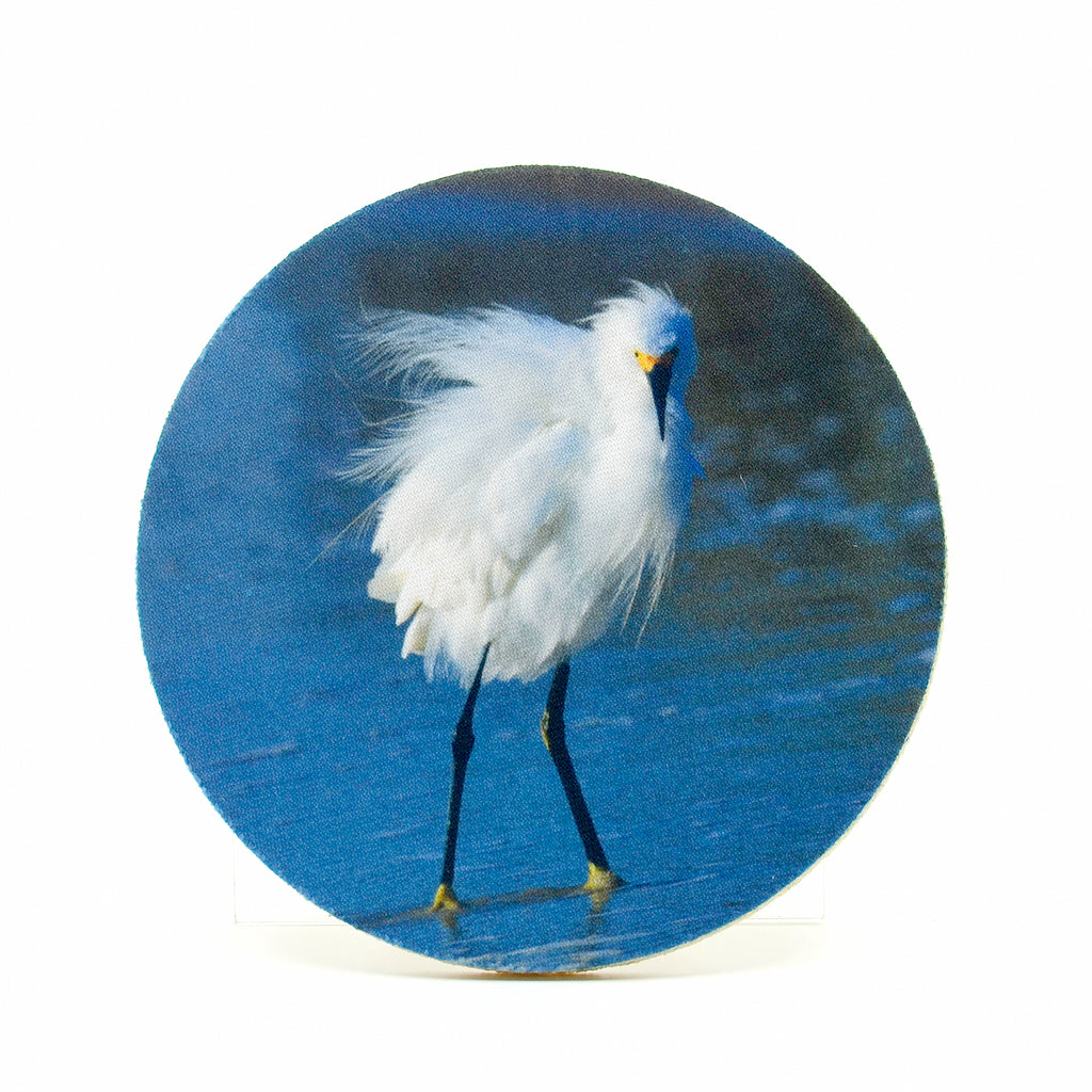 Snowy Egret photograph on a 4" round rubber home coasters