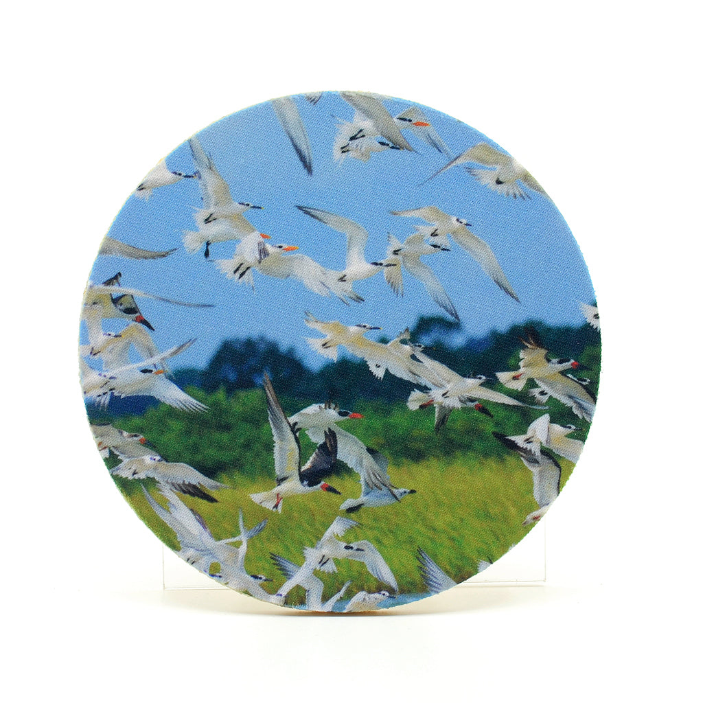 A flock of birds photograph on a 4" round rubber home coasters