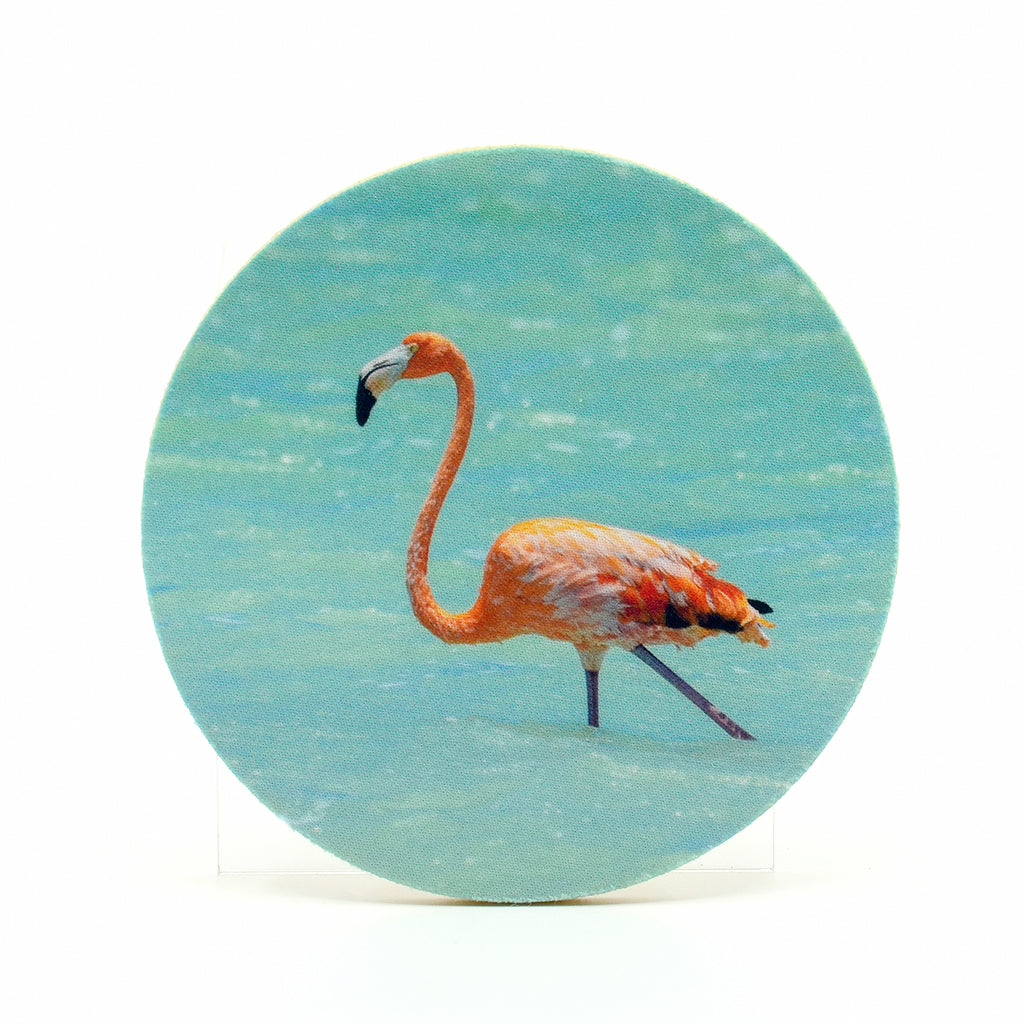 Flamingo 1 photograph on a 4" round rubber home coasters