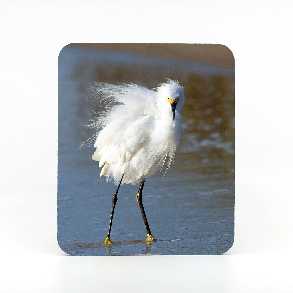 A snowy egret in the water photograph on a rectangle rubber mouse pad