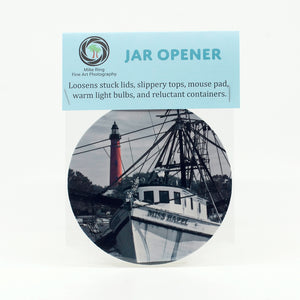 Ponce Inlet Lighthouse with shrimp boat Miss Hazel on a 5" rubber bottle opener