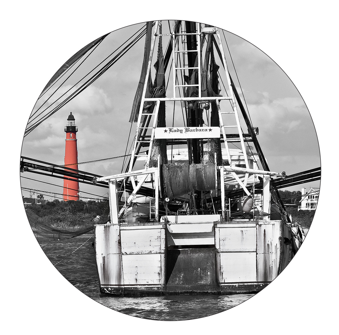 4" Round Rubber Home Coaster with image of Ponce Inlet Lighthouse with Lady Barbara Shrimp Boat