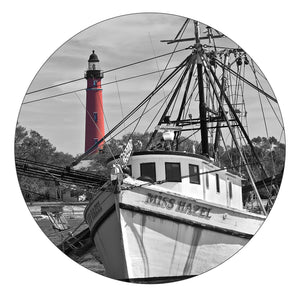 4" Round Rubber Home Coaster with image of Ponce Inlet Lighthouse with Miss Hazel shrimp boat