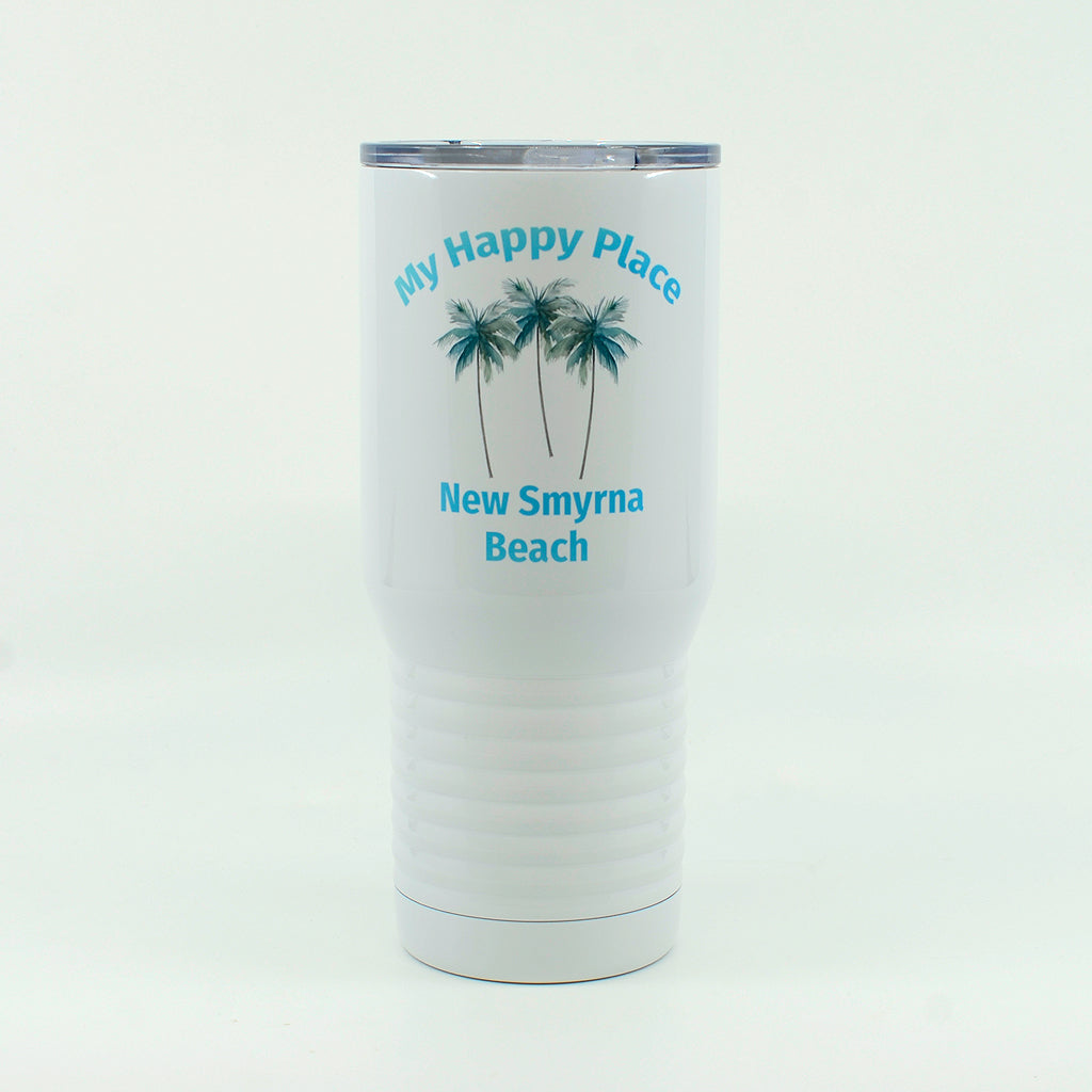 New Smyrna Beach-My Happy Place with 3 Palm Trees on a 20 ounce white stainless steel tumbler