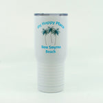 New Smyrna Beach-My Happy Place with 3 Palm Trees on a 20 ounce white stainless steel tumbler