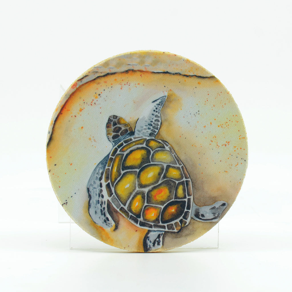 Brown Sea Turtle on the beach on a 4" round rubber home coaster