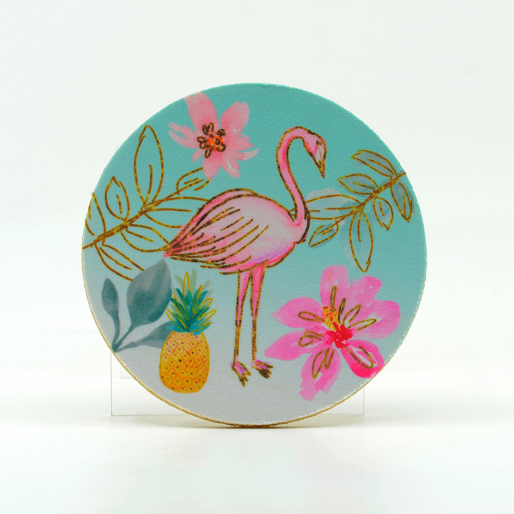 Flamingo Pineapple on a 4" round rubber home coaster
