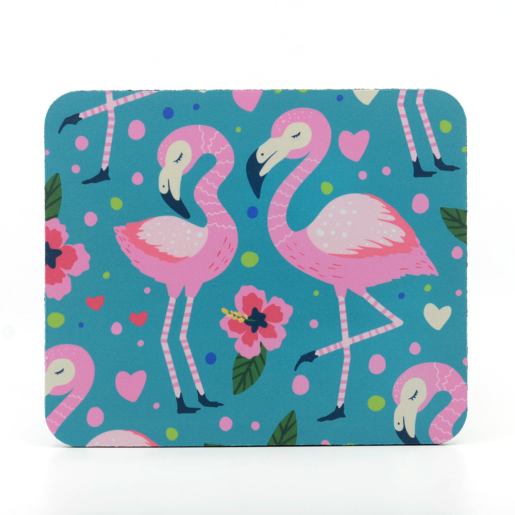 Two flamingos artwork on a rectangle rubber mouse pad