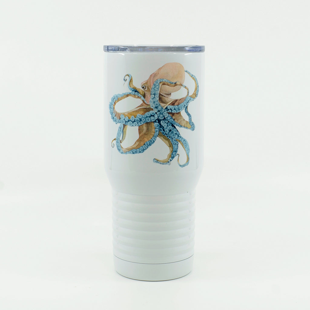 Octopus on a 20 ounce white stainless steel tumbler