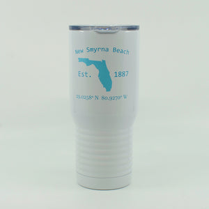 New Smyrna Beach with LAT and LONG-State of Florida on a 20 ounce white stainless steel tumbler