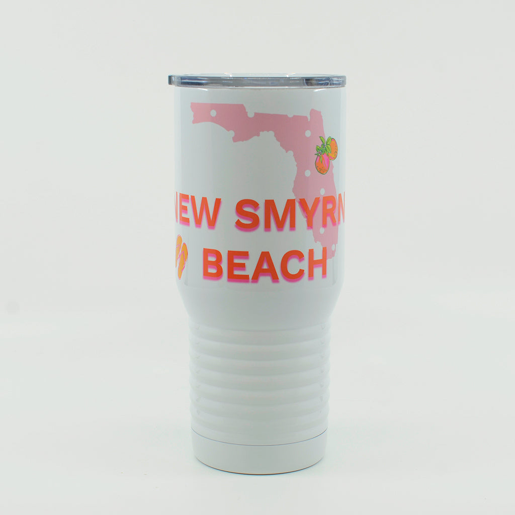 New Smyrna Beach Pink Florida State on a 20 ounce white stainless steel tumbler