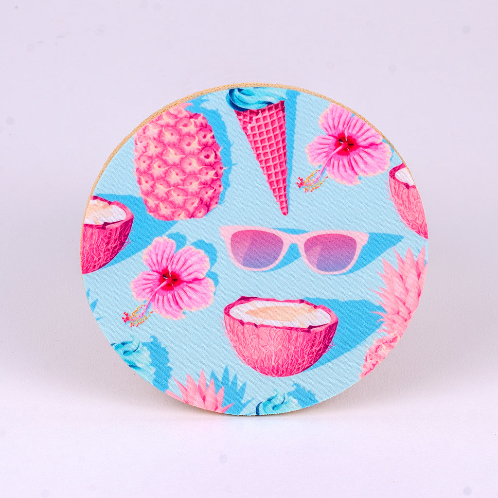 4" round rubber coaster with blue pineapple, sunglasses, ice cream, and flower