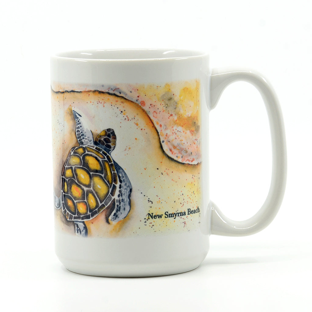 15 ounce white ceramic coffee mug with Sea Turtle on the beach with New Smyrna Beach LAT and LONG
