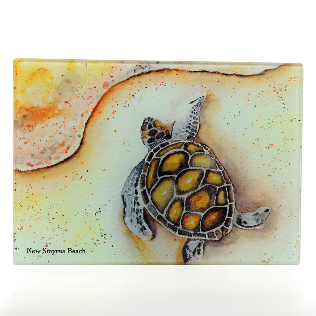 Tempered Glass Small Rectangle Cutting Board with a Sea Turtle on the Beach