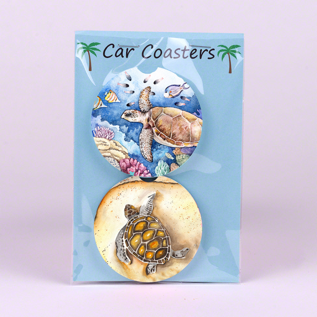 Set of 2 sandstone car coasters with a Sea Turtle swimming and on the beach
