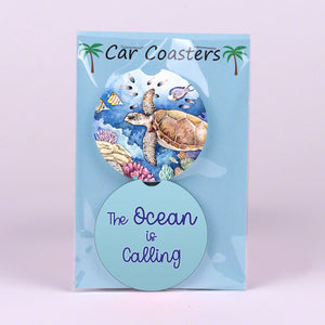 Sandstone Car Coasters with Sea Turtle Swimming and The Ocean is Calling (Set of 2)