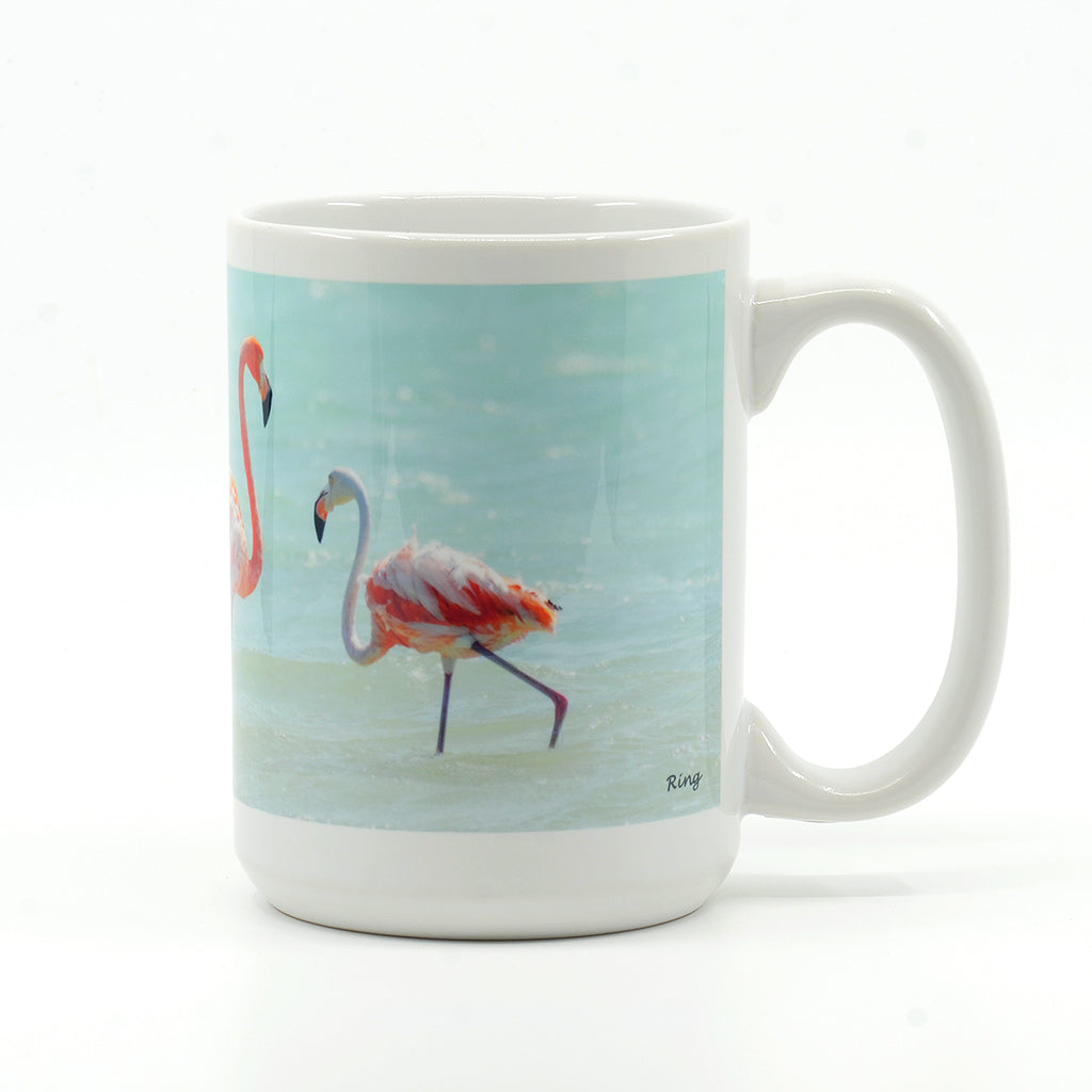 3 Flamingos in a salt pan on cermanic mug 15 oz