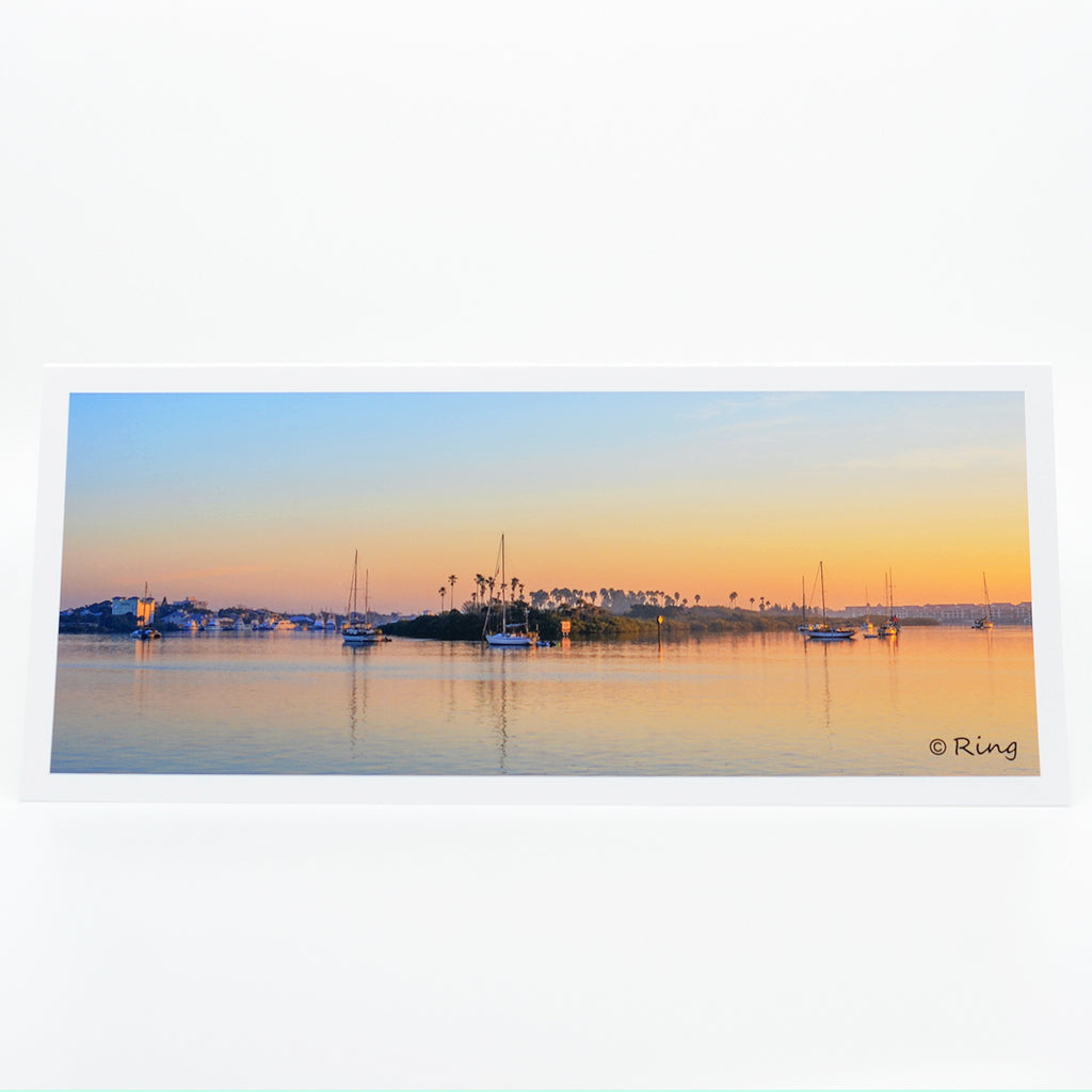 Chicken Island" notecard.  A sunrise view of Chicken Island and sailboats in the Indian River waterway. This artwork is printed on an amazing quality notecard.