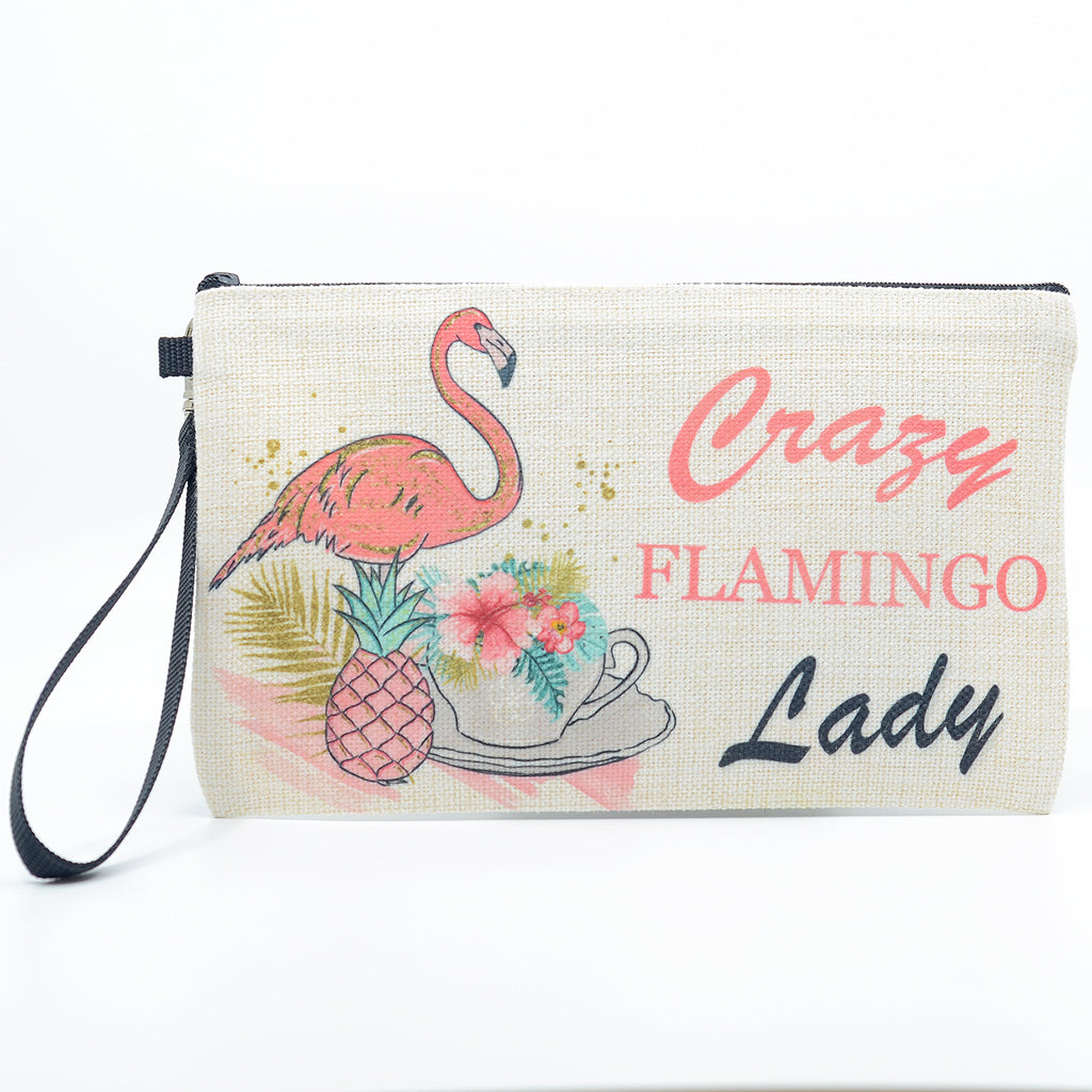 Crazy Flamingo Lady Linen Large Zip Pouch