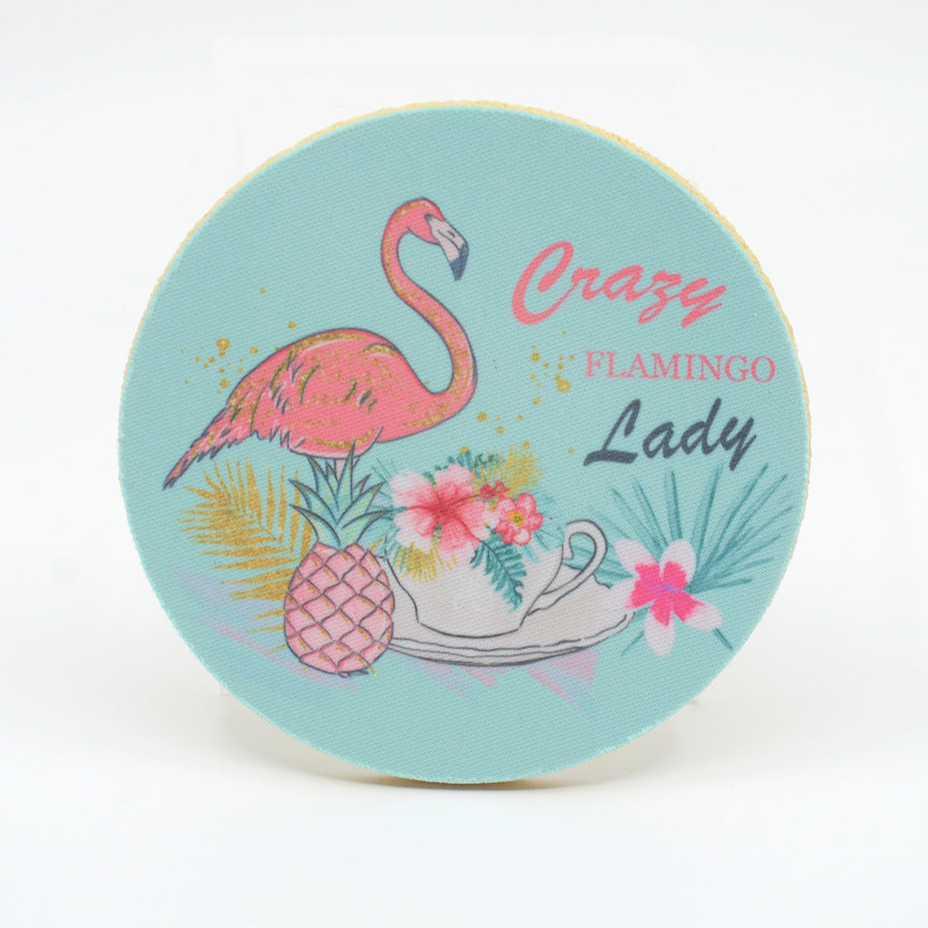 round rubber "Crazy Flamingo Lady" coaster 
