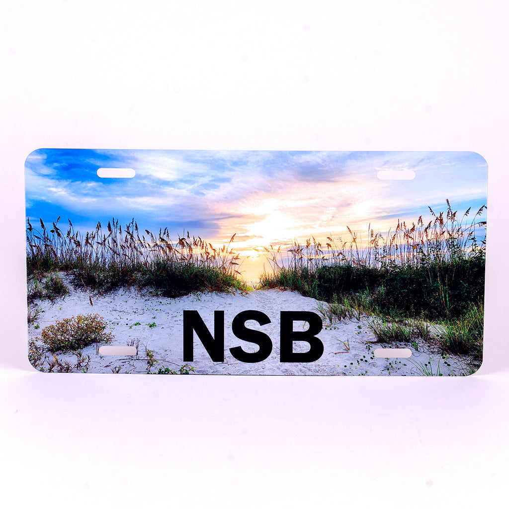Glossy Aluminum License Plate for your car with sea oats dunes at sunrise