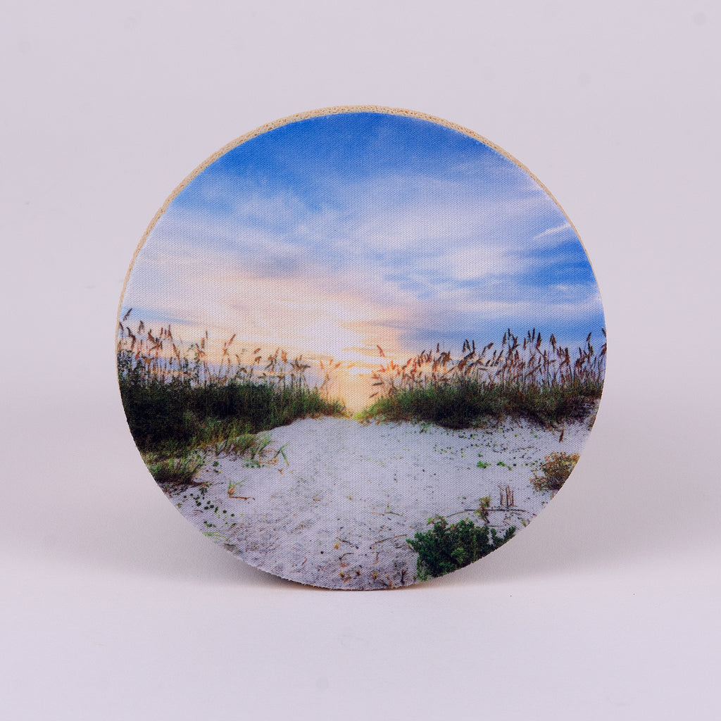 4" round rubber coaster with beach sea oats at sunset