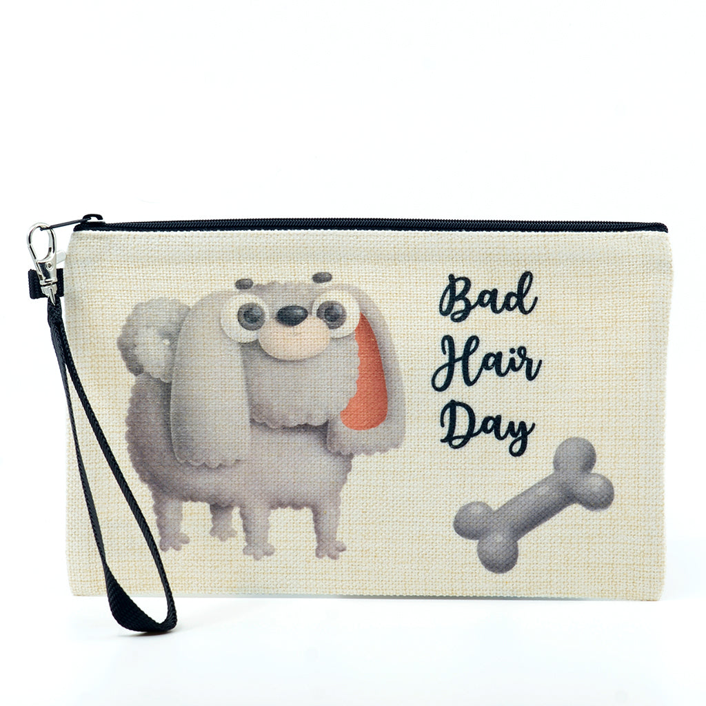Large Linen Zipper Pouch with funny poodle bad hair day
