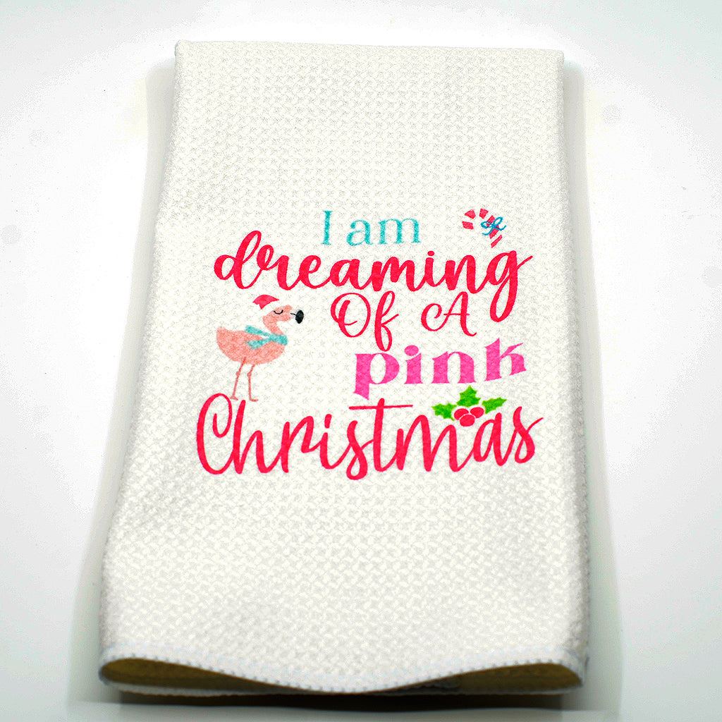 Kitchen Waffle Towel with words I am Dreaming of a Pink Christmas-Santa Flamingo