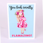 You look totally FLAMAZING with Girl and Flamingo Glossy Notecard
