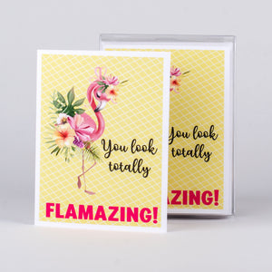 Set of 5 notecards and envelopes on front-You look totally FLAMAZING with Flamingo(4"x5.25")