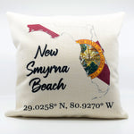 16" x 16" Linen Pillow with a image of State of Florida and words New Smyrna Beach with LAT and LONG