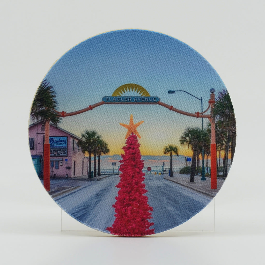 Flagler Avenue Entrance to beach with Pink Christmas Tree under Sign 4" Rubber Home Coaster (New Smyrna Beach)