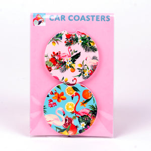 Sandstone car coasters (set of 2) with flamingo and fruit