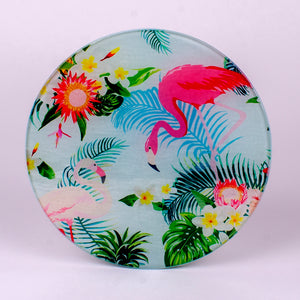 8" glass round cutting board with Flamingo and Flowers